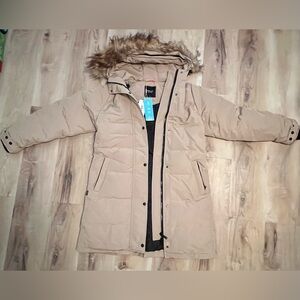 NWT: Women's Tan Puffer Jacket with Faux Fur Hood